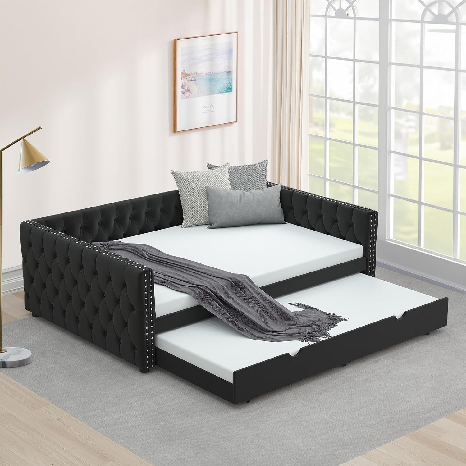 KNeretva Velvet Full Daybed with Twin Trundle, Modern Upholstered Full Size Day Bed Button-Tufted Sofa Daybed Frame (Black)