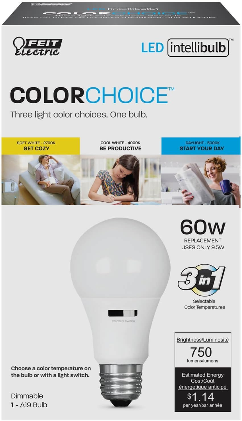 Feit Electric LED Motion Sensor Light Bulb, A19 60W Equivalent, 5CCT, Non-Dimmable, E26 Medium Base, 90 CRI, 800 Lumens, Standard Light Bulb with Switch on Bulb, 15-Year Lifetime, OM60/5CCTCA/MM/LEDI