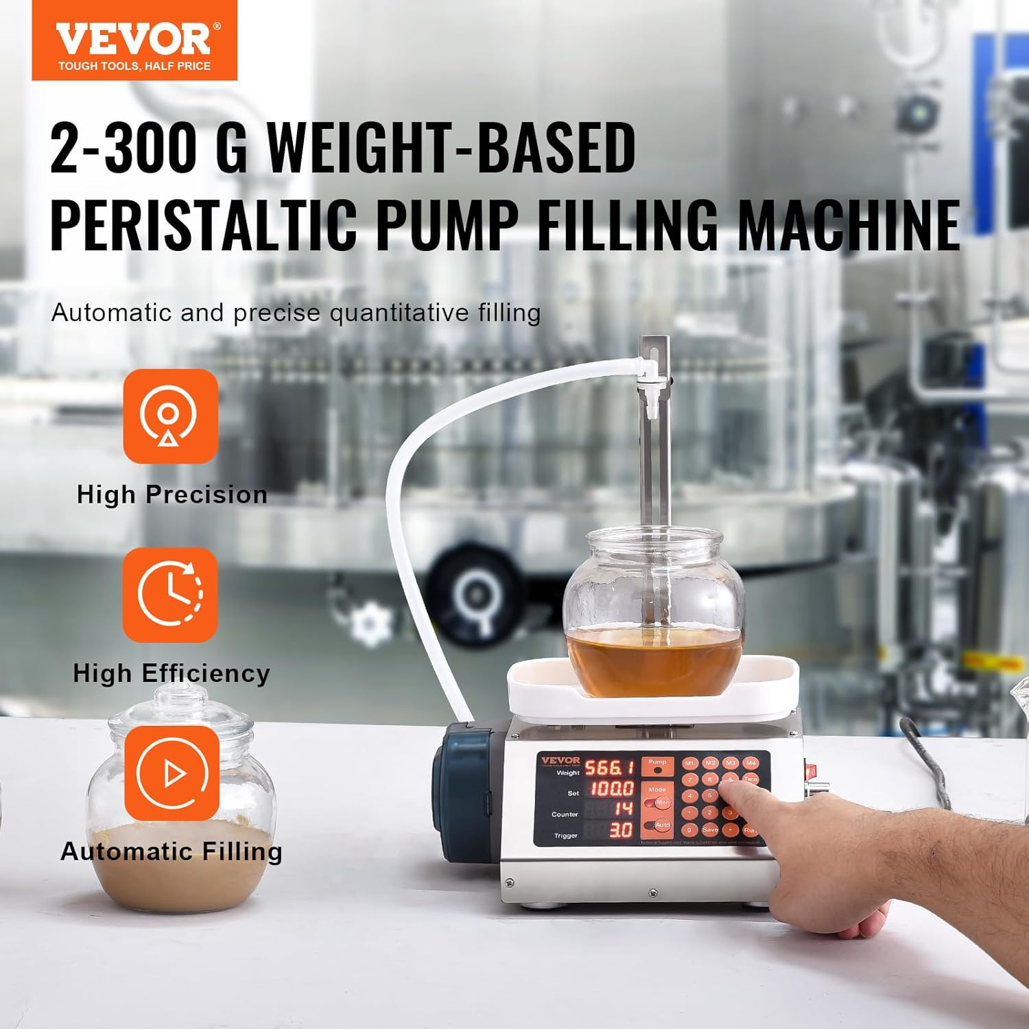 VEVOR Paste Liquid Filling Machine 5-300g,1L/min Flow Rate, Peristaltic Pump Digital Control Automatic Weighing Bottle Filling Machine for Soy Sauce, Drink, Vinegar, Milk, Alcohol,Low Viscous Liquids