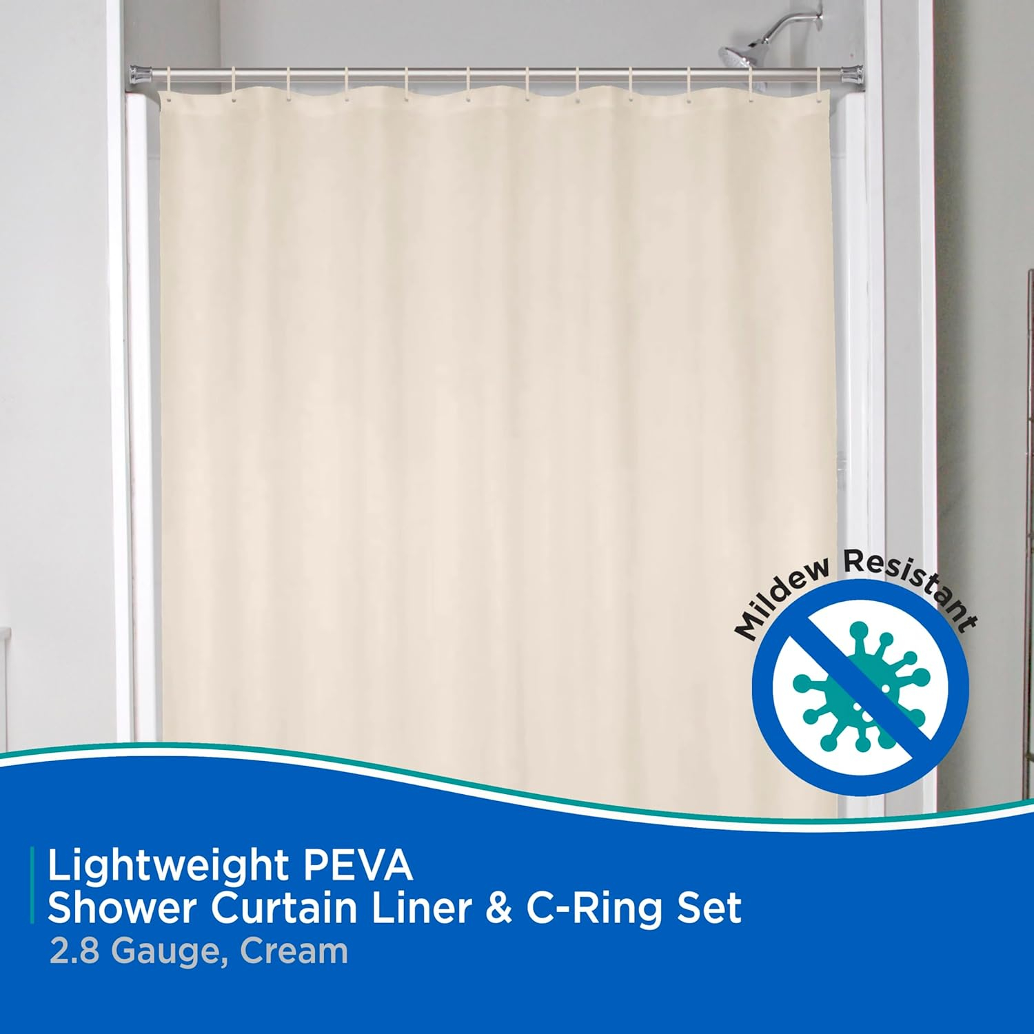 Kenney KN61756 Lightweight 3 Gauge Waterproof PEVA Shower Curtain Liner with Durable Eyelet Hang Holes, Weighted Magnetic Hem, and 12 Piece Plastic C-Ring Set for Bathroom, 70" W x 72" H, Cream