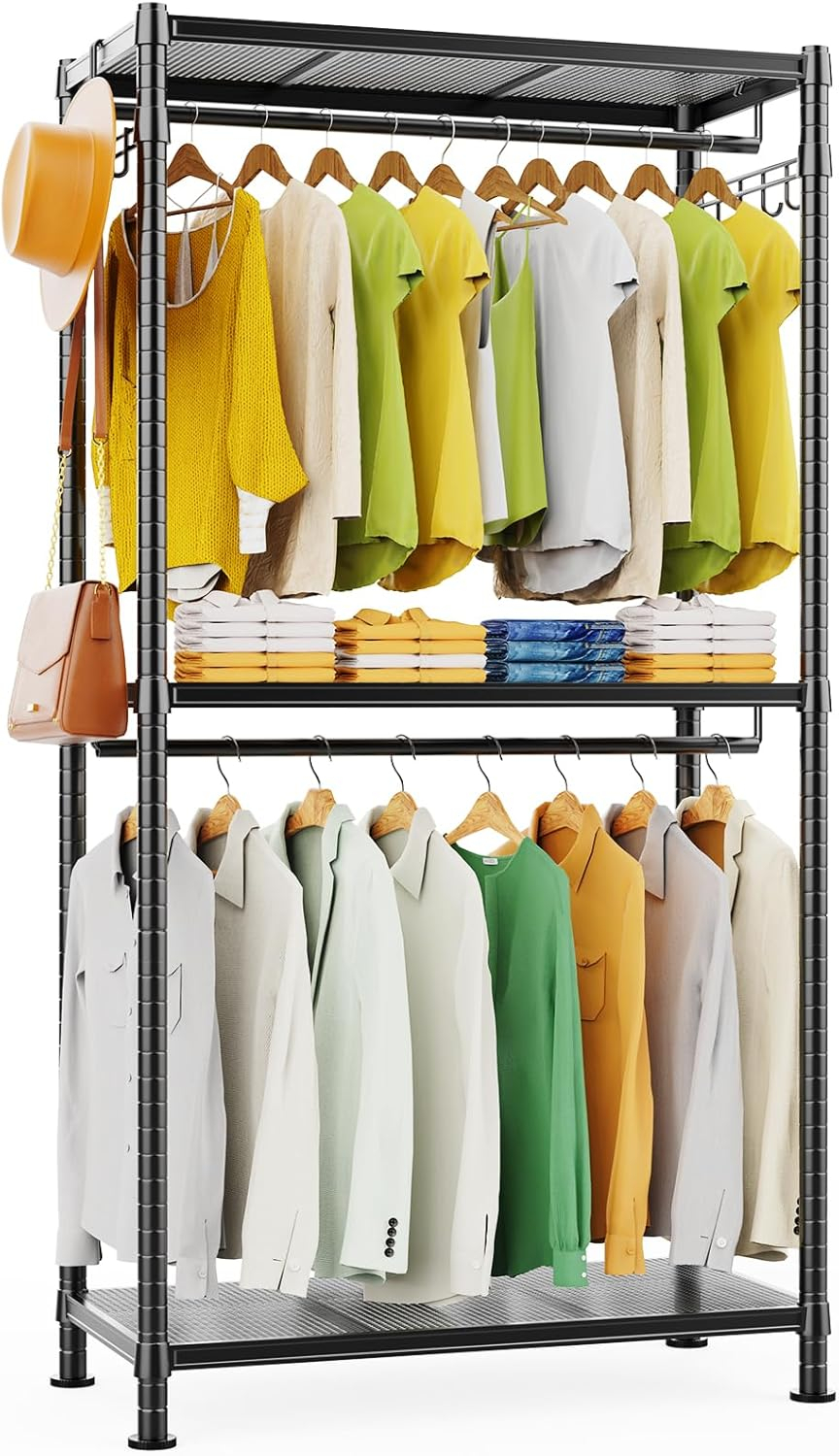 LEHOM G1L 3 Tiers Garment Rack with Storage Shelves, Heavy Duty Rolling Free-Standing Clothing Rack Closet Organizer with Double Rods/Lockable Wheels & 2 Pairs Side Hooks, Max Load 450 LBS, Black