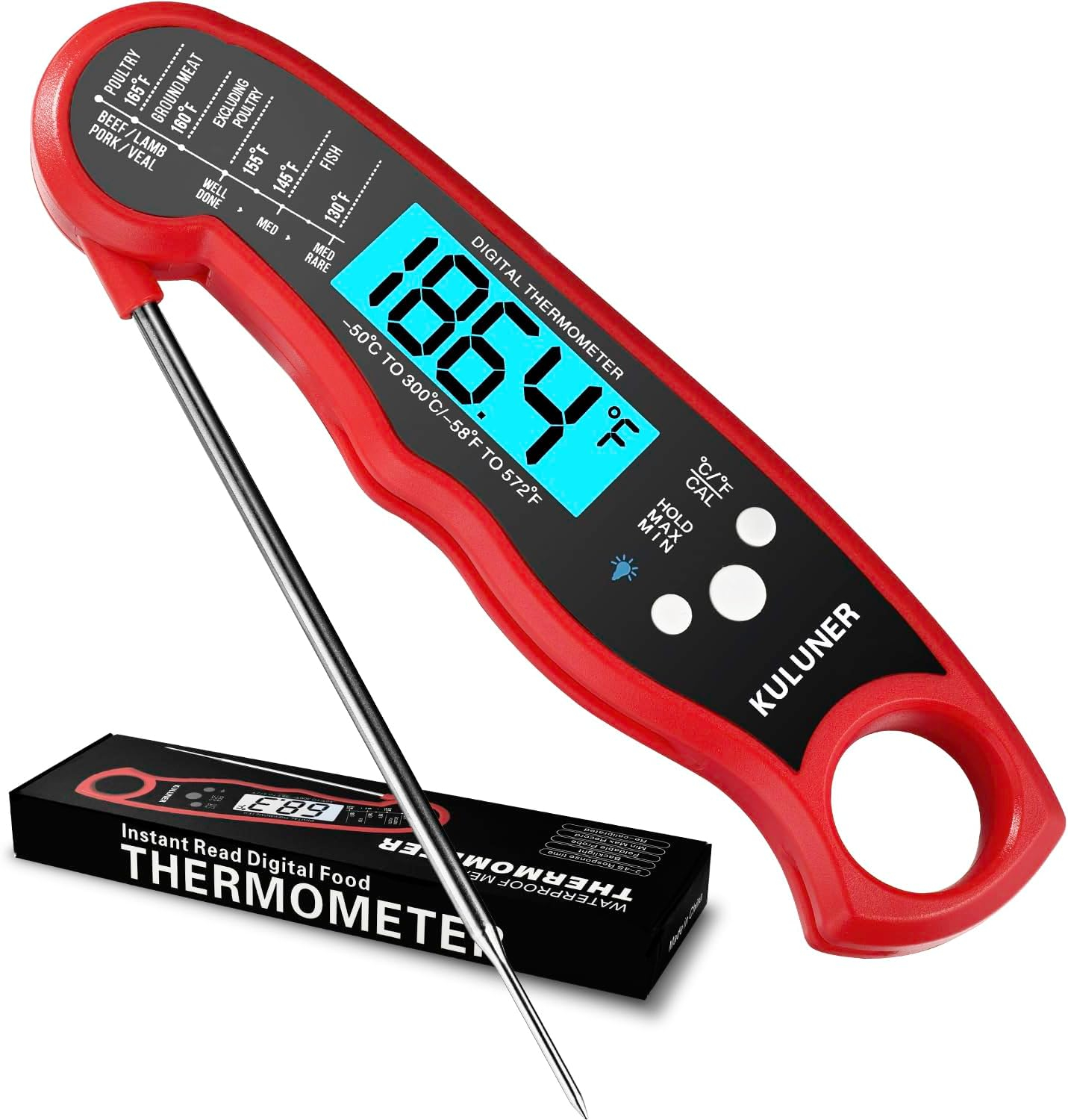 TP-01 Waterproof Digital Instant Read Meat Thermometer with 4.6 Folding Probe Backlight Calibration Function for Cooking Food Candy, BBQ Grill, Liquids,Beef(Black)