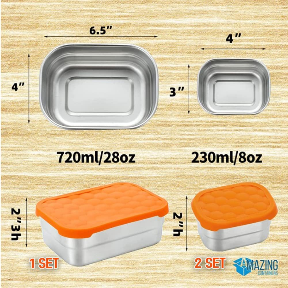 AMAZING CONTAINERS|Stainless Steel Food Containers with Lids Set of 3 (28 oz, 2X 8 oz) | Steel Lunch Container for Kids and Adults | Metal Snack Container Leakproof Lunch Box Sandwich Containers