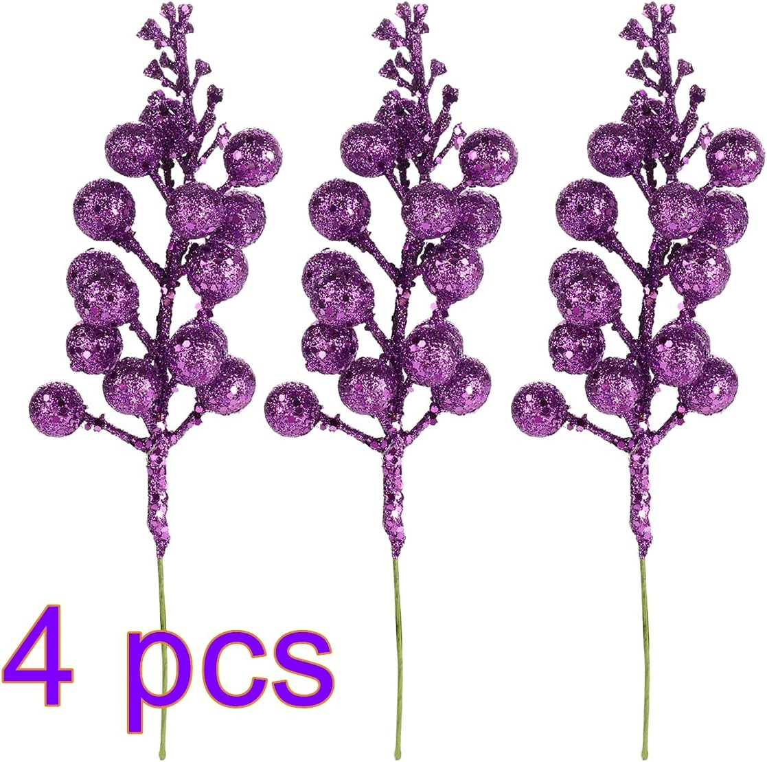 Glitter Berry Stems, 12pcs Christmas Berry Picks Artificial Fruit Berry Stem Branch Christmas Tree Garland Decorations for Holiday Party Purple