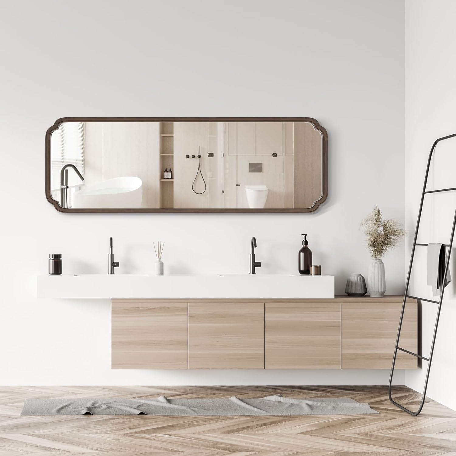 Walnut Full Length Rectangular Mirror with Intricate Wooden Frame