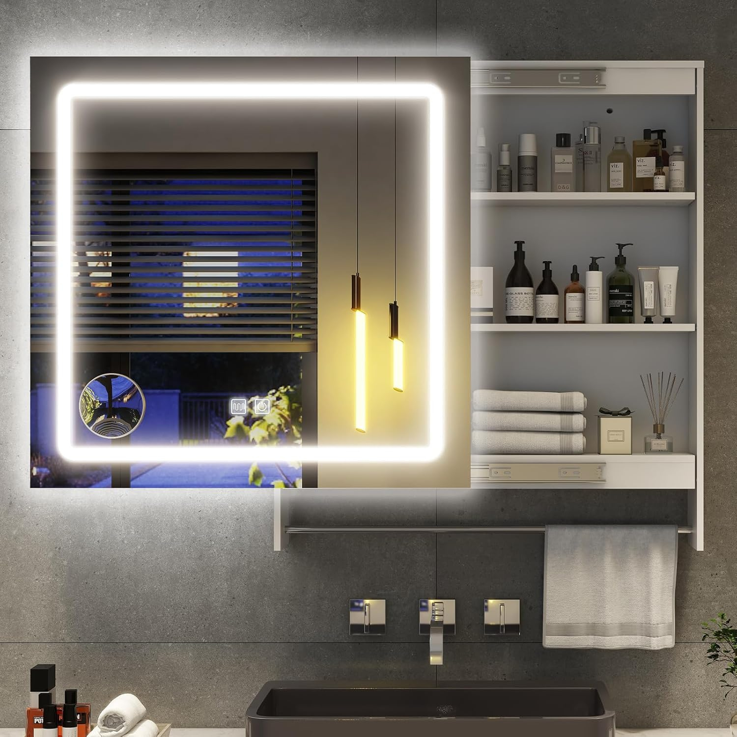 Vabches LED Bathroom Mirror with Lights 32"x 36", Anti-Fog LED Vanity Mirror, Bathroom Cabinet Wall Mounted, Stepless Dimmable Lighted Mirrors for Bathroom Wall, White
