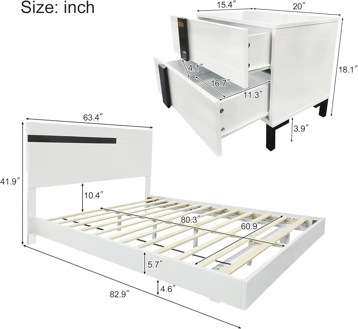 Modern High Gloss 3-Piece Bedroom Set Floating Bed Frame Queen Size Platform Bed with LED Light & 2 Nightstands, White