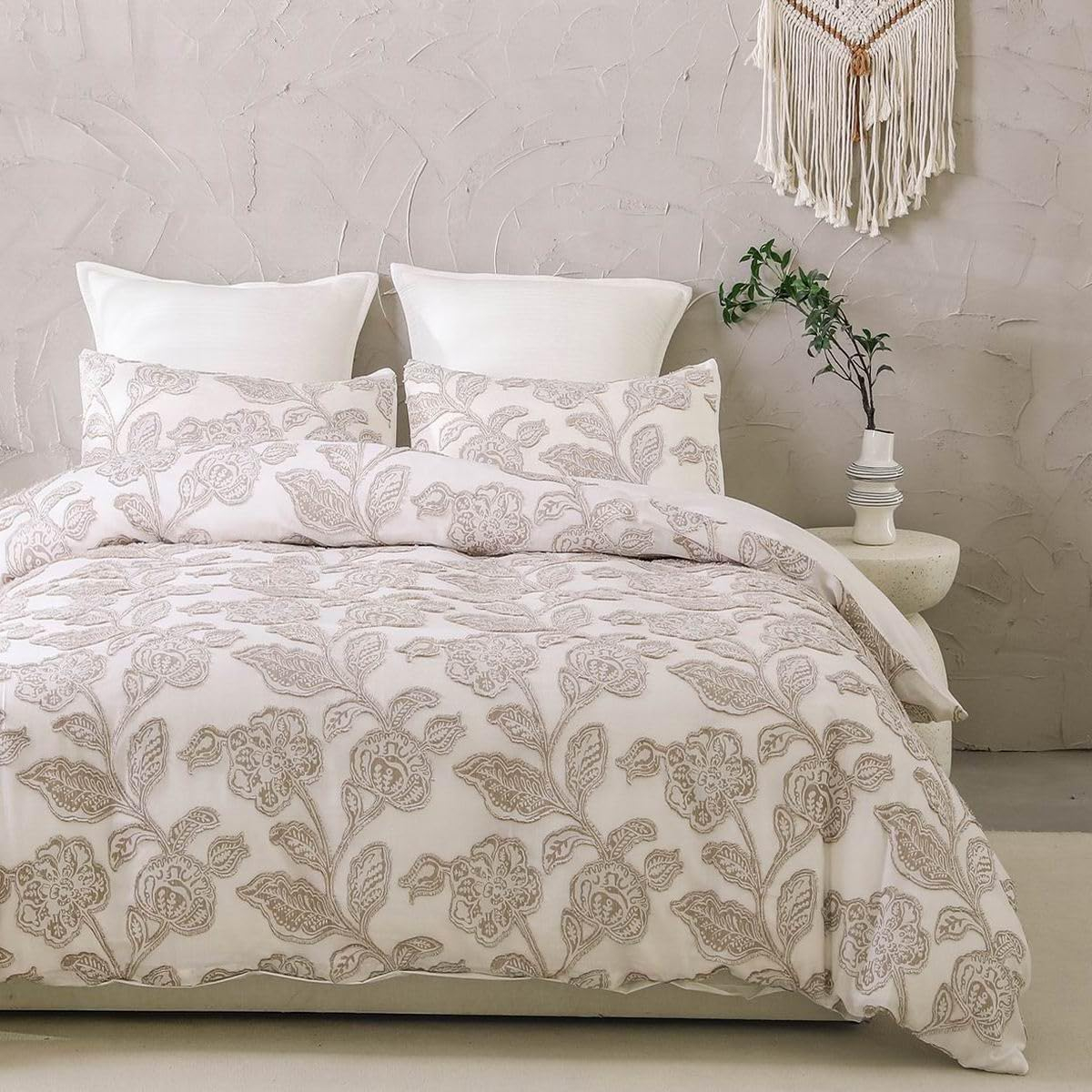 Khaki Cotton Jacquard Floral Queen Duvet Cover Set