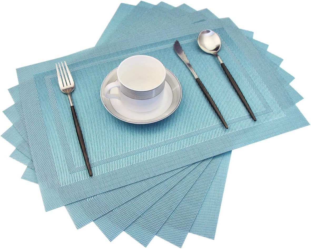 pigchcy Placemats, Heat Insulation Non Slip Plastic Placemats, Washable Easy to Clean Woven Vinyl Kitchen Stain Resistant Placemats for Dining Table Set of 6 (Sky Blue)