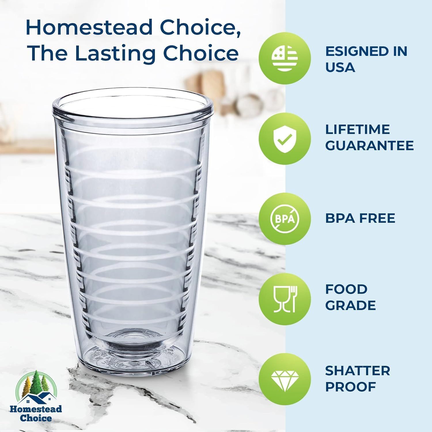 Homestead Choice Insulated Tumblers, 16oz 4-Pack Double Walled Clear Insulated Drinking Glasses Cup