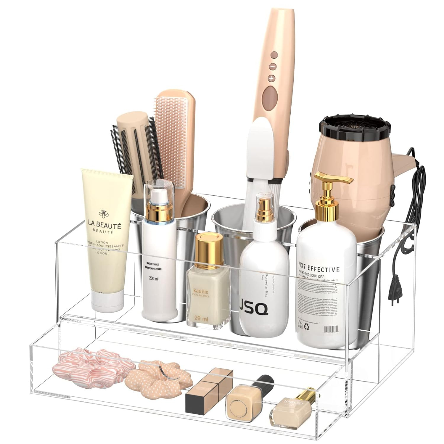 NIUBEE Hair Tool Organizer, Clear Acrylic Hair Dryer and Styling Organizer with Drawer, Bathroom Countertop Blow Dryer Holder, Vanity Caddy Storage Stand for Accessories, Makeup, Toiletries