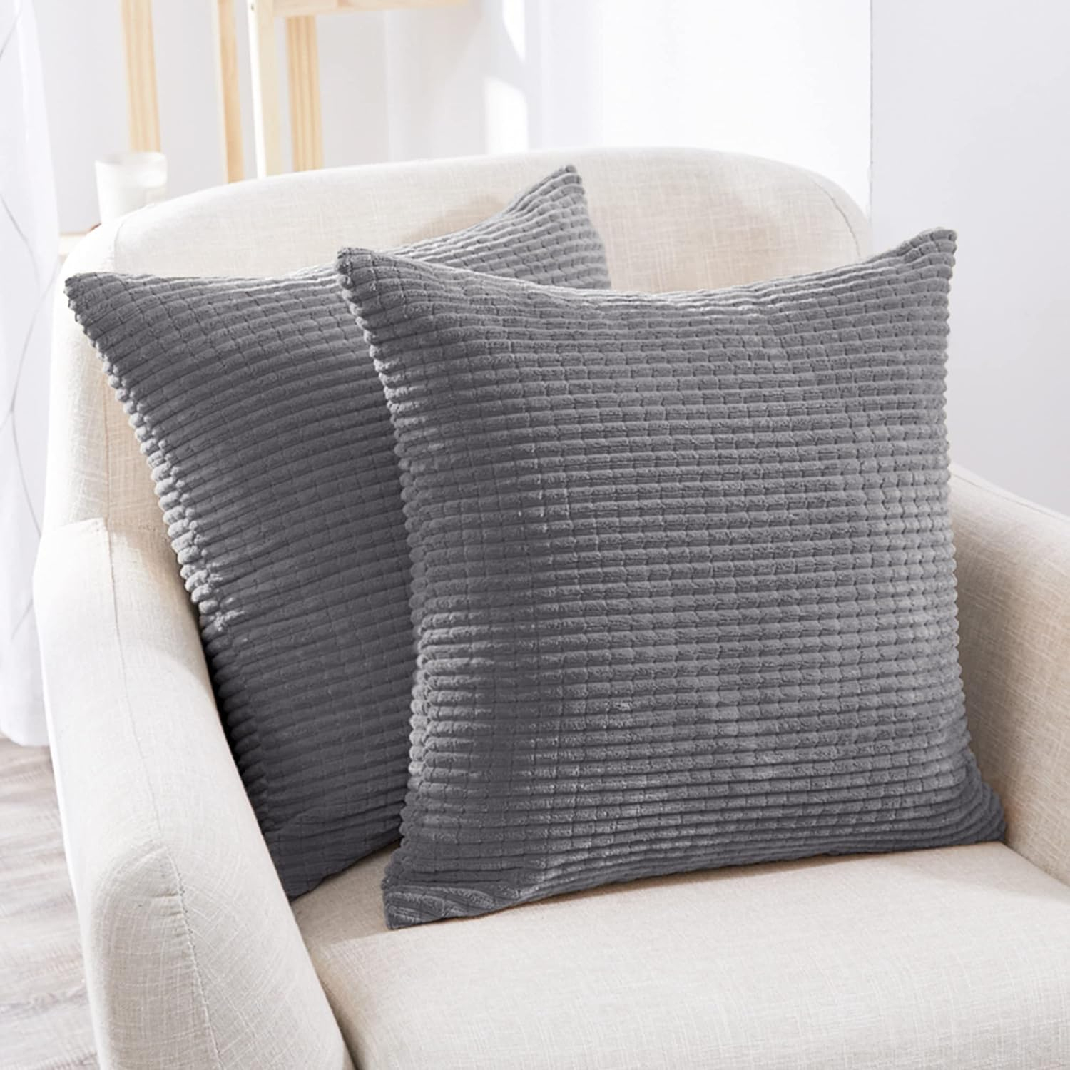 Deconovo Traditional Solid Square Pillow Covers, Gray Striped Texture, 16x16 inch, Set of 2.