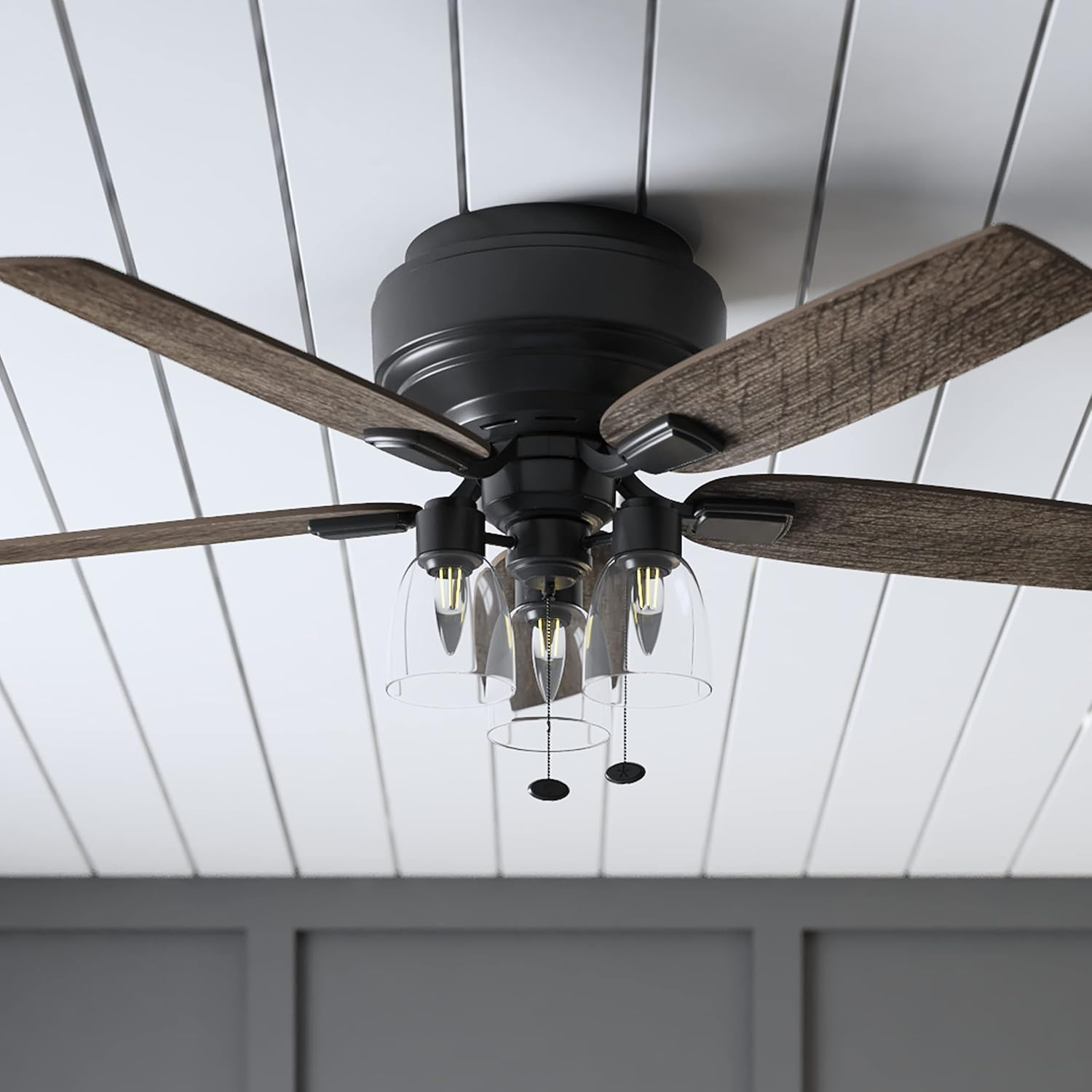 Prominence Home Magonia 52-in Flush Mount Matte Black with Black Pine/Rough Pine Blades Ceiling Fan With Light ( 5 -Blade )
