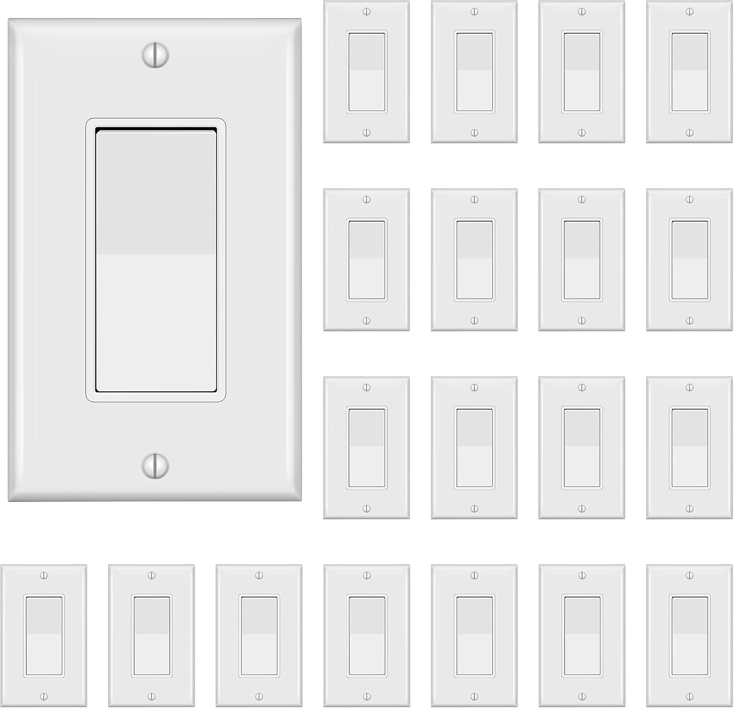 Decorator Switch with Wall Plate, Single Pole Rocker Light Switch, Grounding Screw, Residential Grade, 15A 120V/277V, UL Listed, YX-S001-10PACK, White (10 Pack)