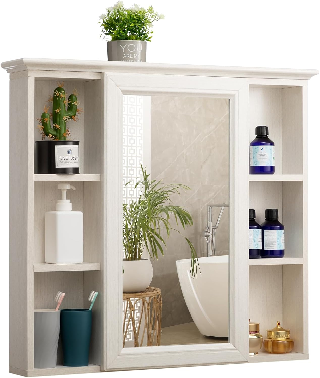ALIMORDEN Mirror Medicine Cabinet with Shelves, Bathroom Wall Storage Cabinet, 30 Inch x 28 Inch, Over The Vanity, Toilet (No Back Board), White with Wood Grain