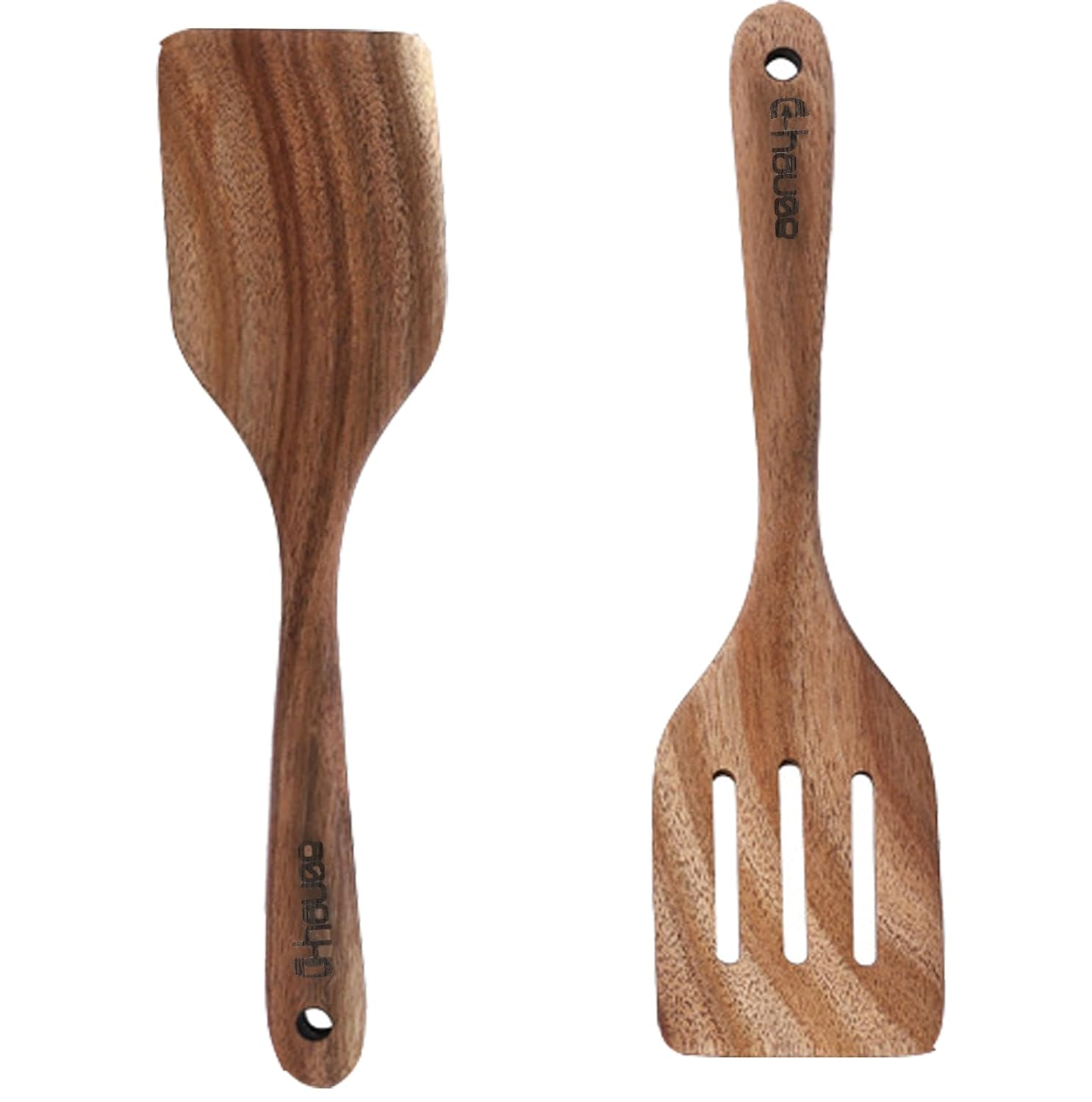 2 Pack Wood Spatula Wooden Turners for Cooking Acacia Wood Cooking Spoon Slotted Turners Wooden Kitchen Utensils Non-stick Kitchen Utensils with Frying Spatula Turner Flipper Spatulas Set