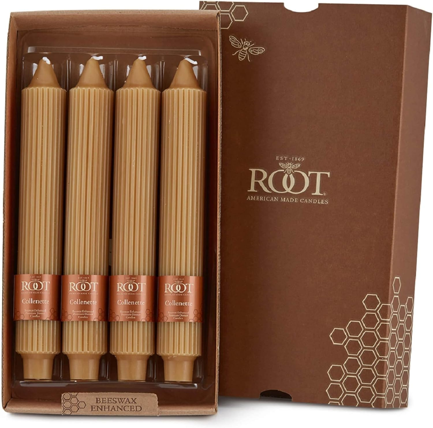 ROOT™ Candles Unscented Grecian Collenette Taper Candles, 9-inch Tall, Box of 4, Color: Beeswax