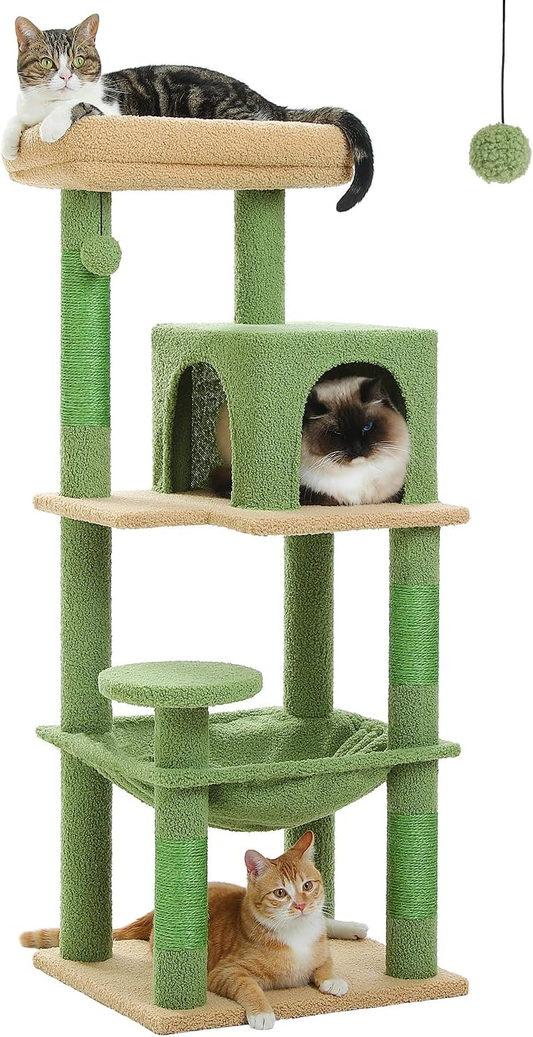 Cat Tree for Indoor Cats, 45.7" Multi-Level Cat Tower with Large Metal Frame Hammock, Cat Condo with 4 Scratching Posts and Top Perch for Small Medium Cat, Beige
