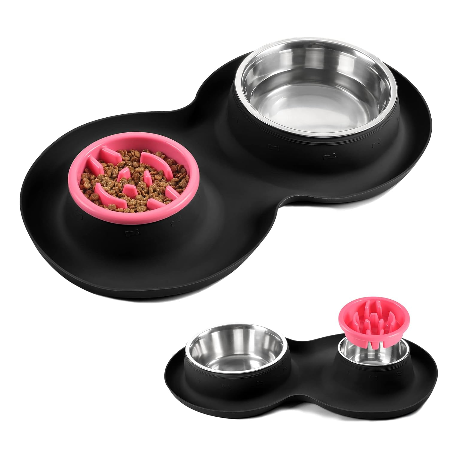 100% Waterproof BPA Free Pet Dog Bowls2 Stainless Steel（53oz+27oz） with 1.35“ Raised Edge Silicone Mat + Slow Feed Dog Water and Food Bowls for Feeding Small Large Dogs Cats Puppies (Black)
