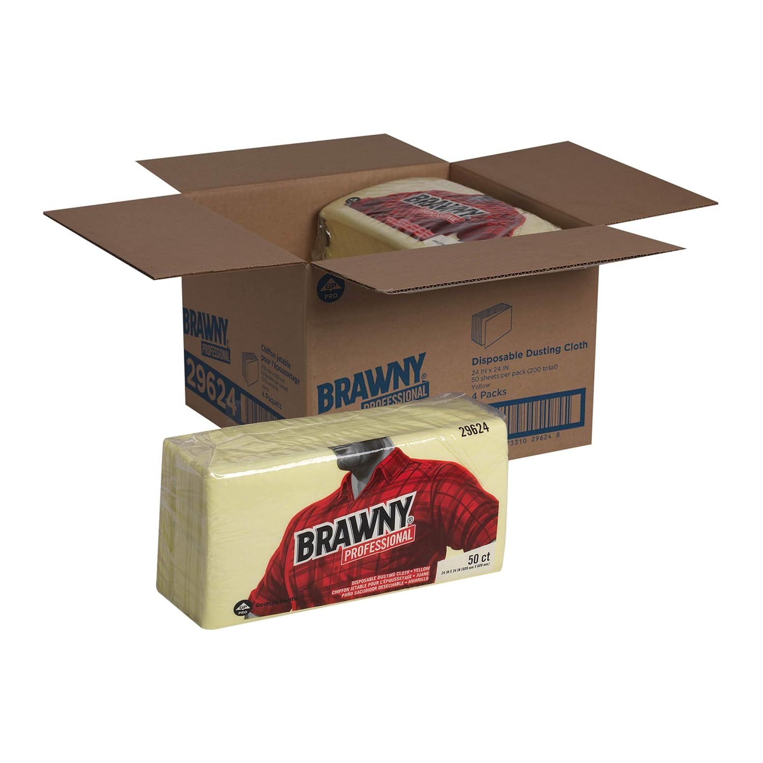Brawny Industrial Dusting Cloths, Quarterfold, 24X24, Yellow, 50/Pk, 4/Ct