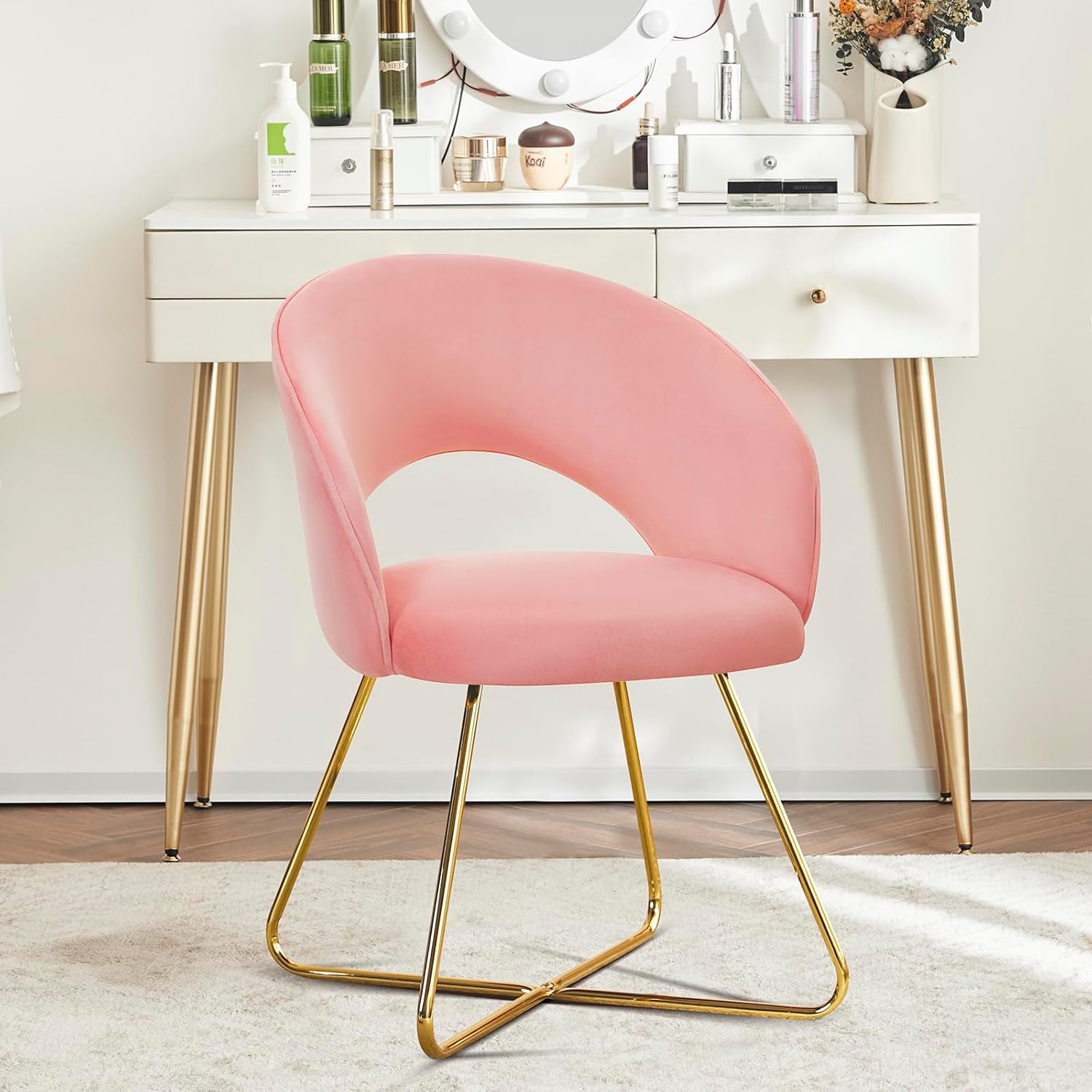 Furniliving  Velvet Upholstered Accent Chair Mid-Back Leisure Chairs Makeup Vanity Stool  , Pink