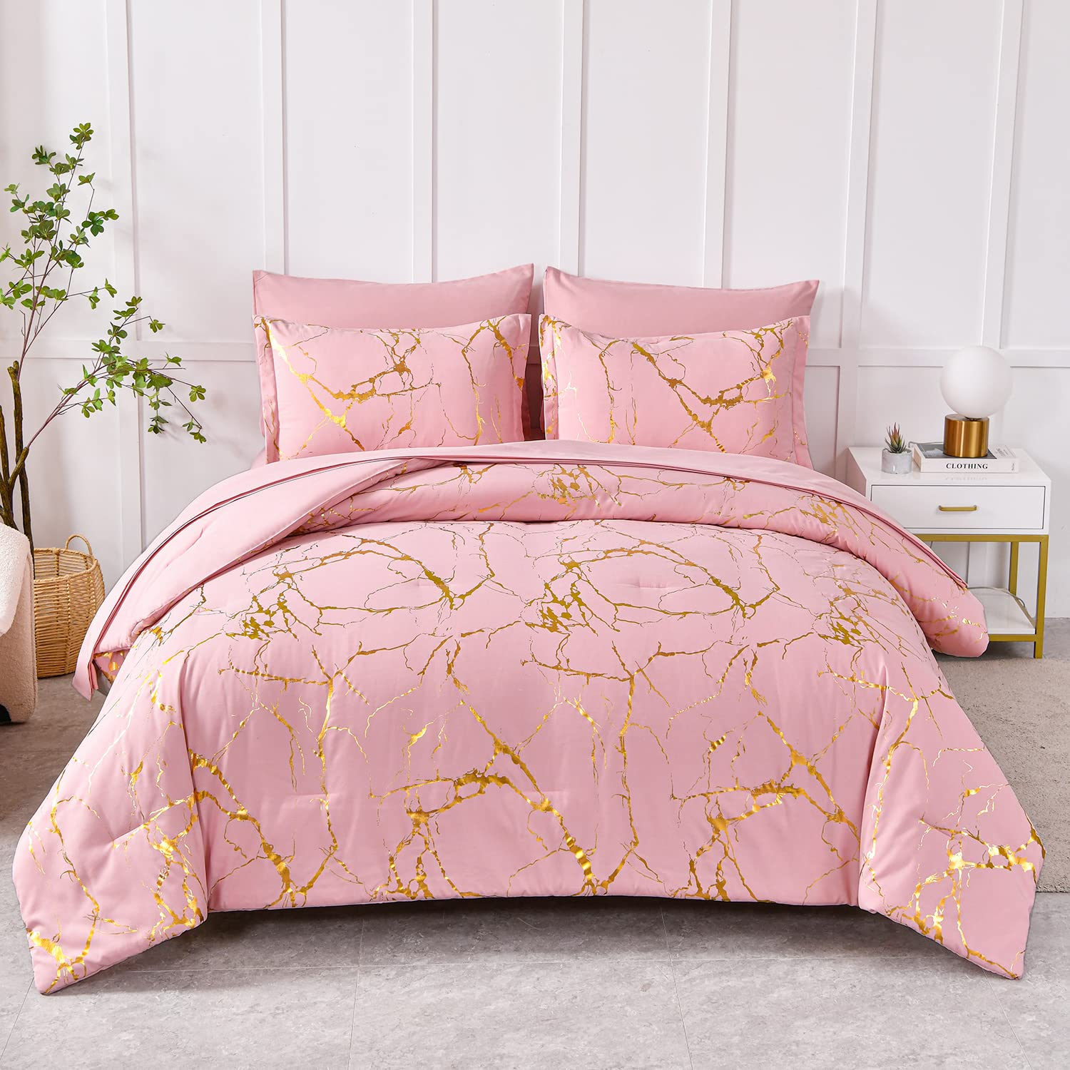 Yogeneg Gold Metallic Marble Comforter Set Queen Size,7 Piece Bed in a Bag,Foil Print Glitter Pink Comforter and Sheet Set,All Season Soft Microfiber Complete Bedding Sets(Pink,Queen)