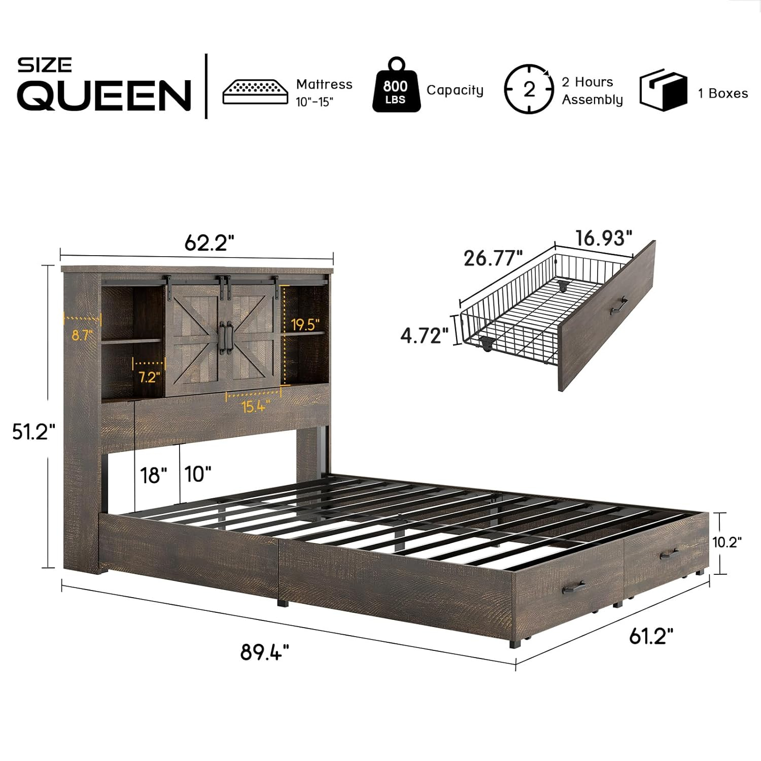 HOWE Queen Size Wood Platform Bed Frame with 51.2" Bookcase Headboard, Storage Bed with Sliding Barn Door Charging Station 2 Drawers, No Box Spring Needed/Farmhouse/Brown
