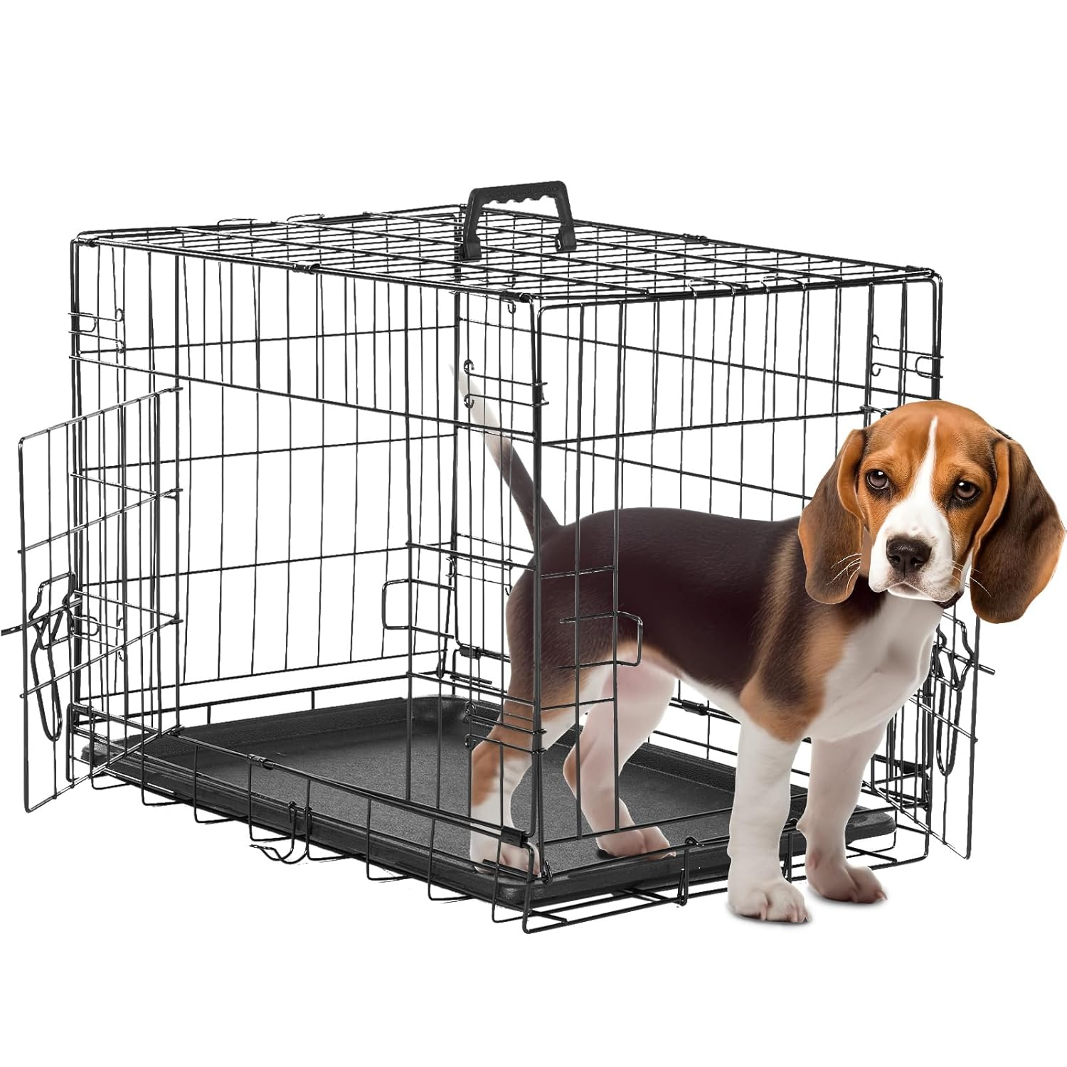 24-Inch Foldable Metal Wire Dog Crate, Collapsible Double Door Dog Crate with Removable Leak-Proof Pan, Divider Dogs Crate with Handle, Black