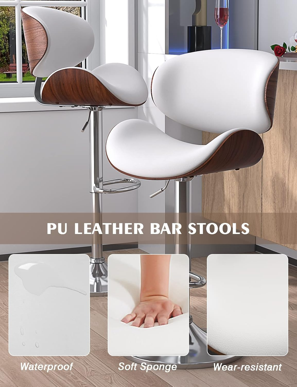 Bar Stools Set of 2, Bentwood Adjustable Height Swivel Bar Stools, PU Leather Upholstered Bar Chair with Back and Footrest for Bar, Kitchen, Dining Room, White