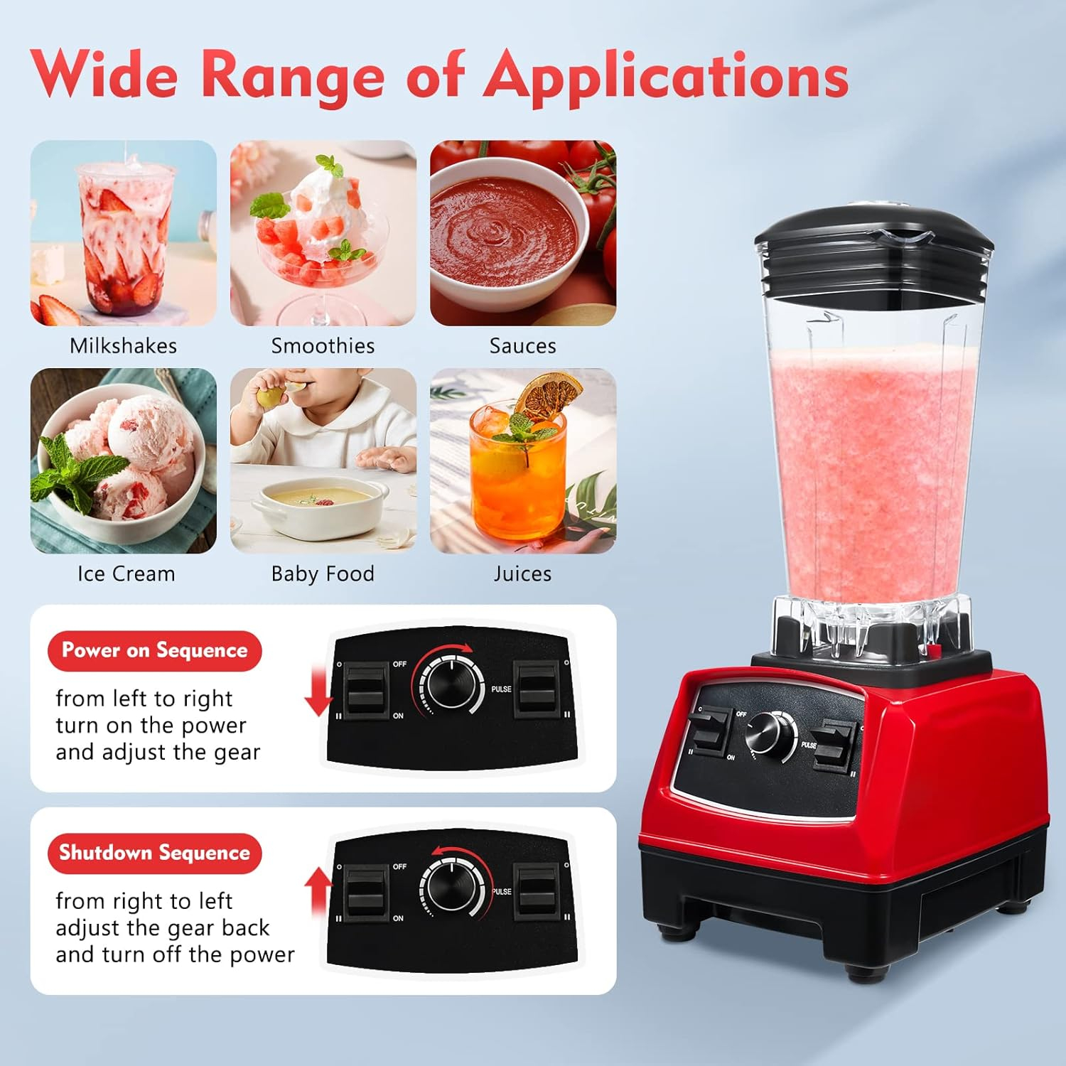 3HP Heavy Duty Professional Power Blender, 2L High Power Commercial Blender Mixer Juicer Smoothie Maker, 2200W Red Blender for Kitchen