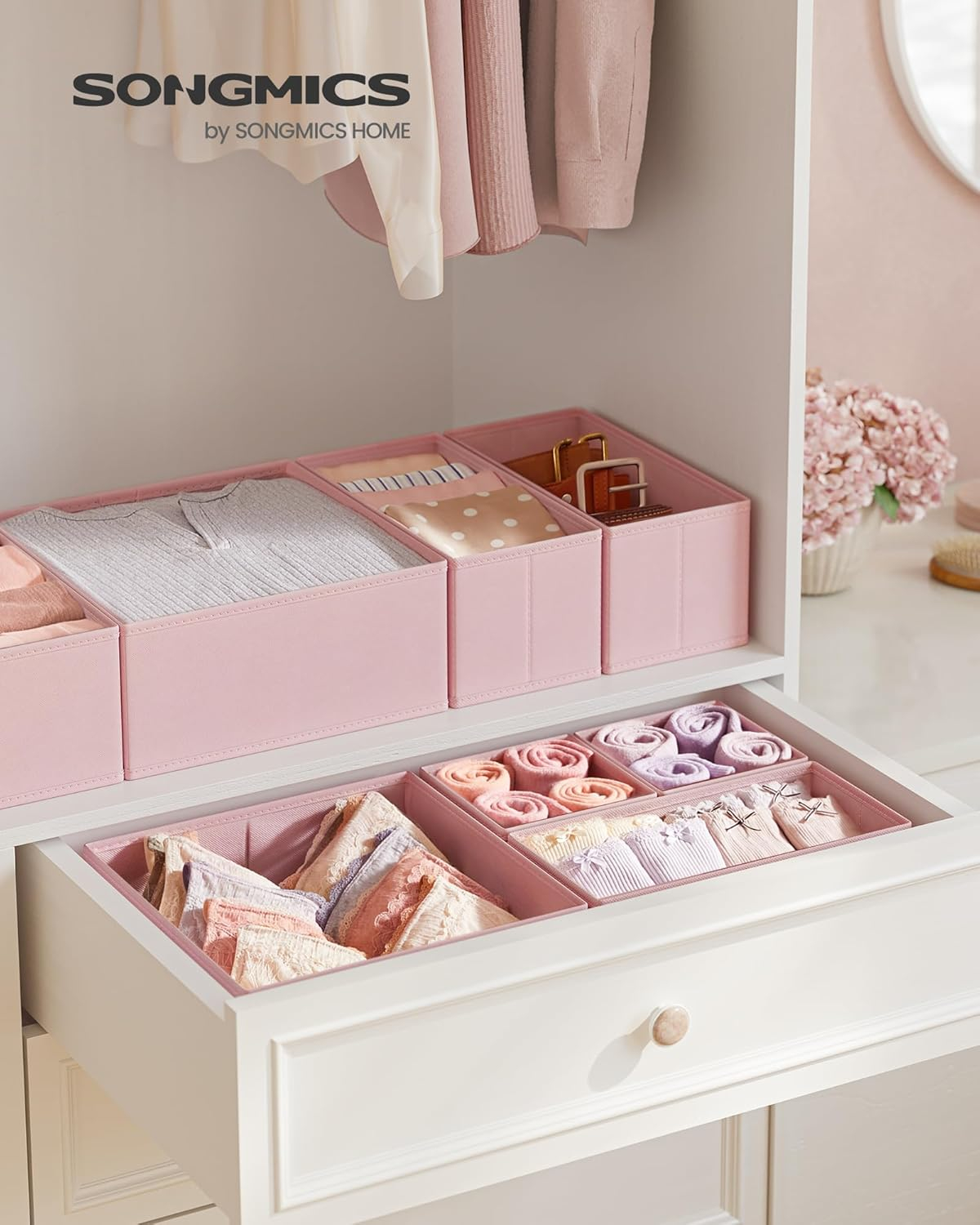 SONGMICS Drawer Organizer, Dresser Drawer Organizers, Set of 12, Foldable Fabric Storage Bins for Socks, Underwear, Bras, Ties, Scarves, Jelly Pink URDZ006R01