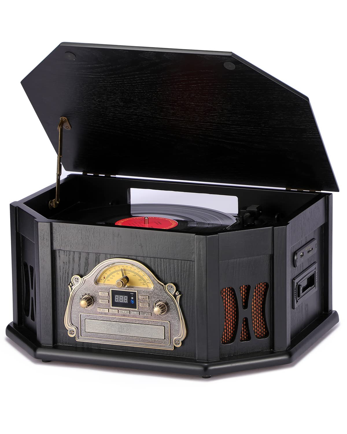 ORCC 10-in-1 Record Player, Nostalgic Turntable for Vinyl Record with Bluetooth, 2 Built-in Speakers, CD, Cassette, AM/FM Radio, USB, SD Slot, Remote Control