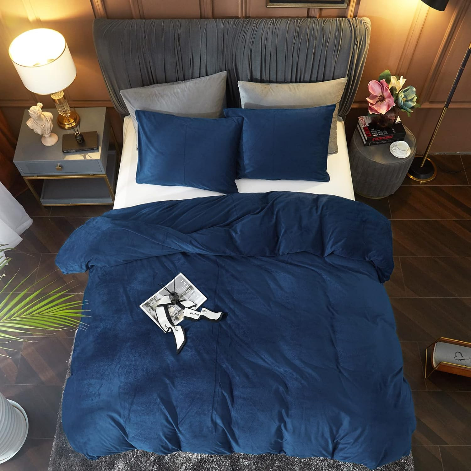 Ivellow Velvet Duvet Cover Queen Size 3 Pcs Flannel Navy Blue Duvet Cover Queen Velvet Comforter Cover Bedding Set Ultra Soft Cozy Solid Luxury Velour Duvet Cover Set Zipper Closure Corner Ties