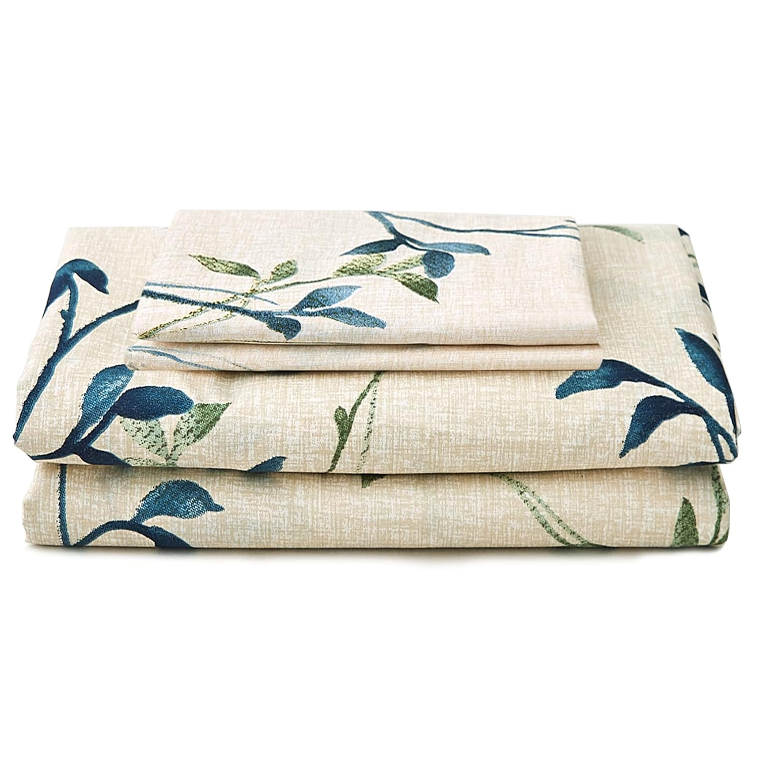 JSD Beige Leaves Printed Sheet Set Queen Size, 4 Piece Botanical Pattern Microfiber Sheets Extra Deep Pocket