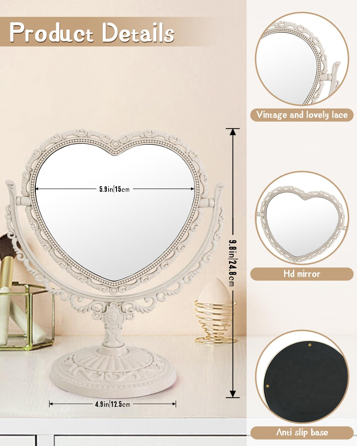 D&XQAUO Vintage Heart Mirror for Desk Cute Coquette Room Decor Small Mirror with Stand,Vanity & Bathroom Double-Sided Rotating Makeup Table Mirror