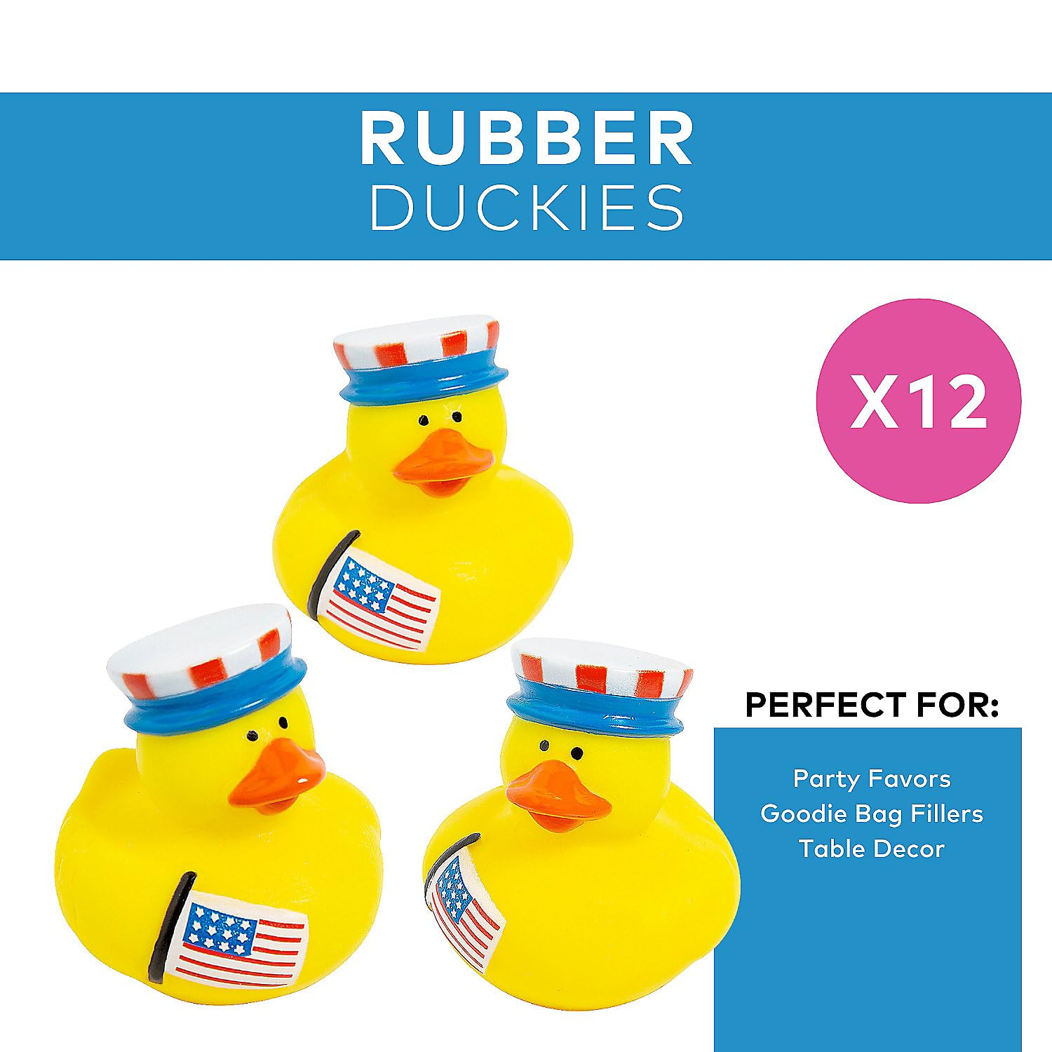 Fun Express Multi-color Patriotic Rubber Ducky, 12 Pieces Party Favors