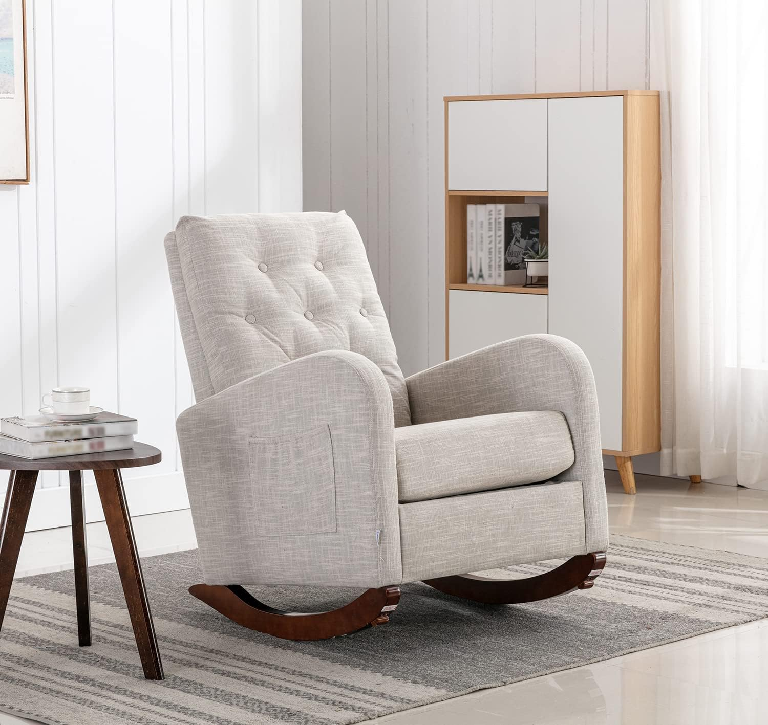 Antetek Modern Accent Rocking Chair, Upholstered Nursery Glider Rocker, Comfy Armchair with Side Pocket, Living Room Lounge Arm Chair, High Backrest with Decorative Buttons, Dark Grey