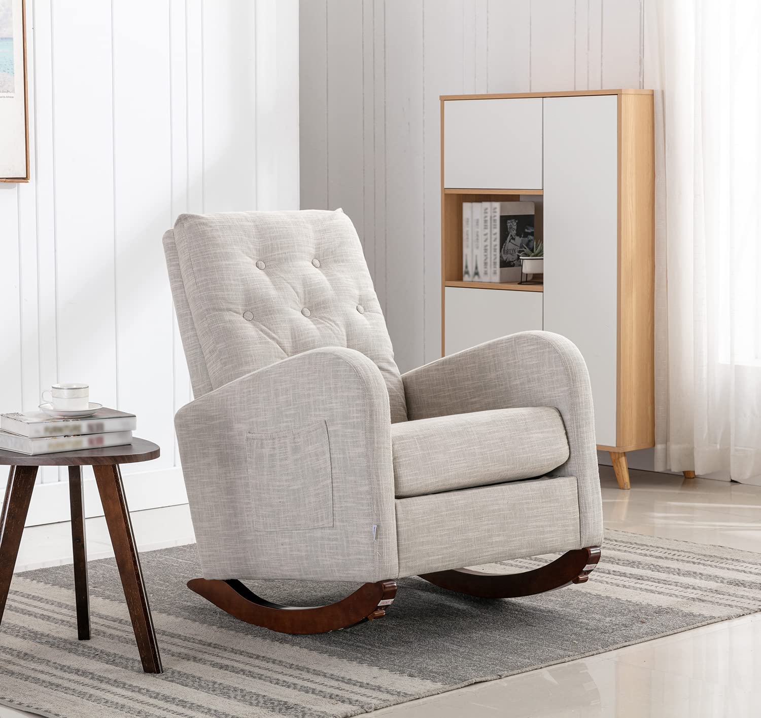 Antetek Modern Accent Rocking Chair, Upholstered Nursery Glider Rocker, Comfy Armchair with Side Pocket, Living Room Lounge Arm Chair, High Backrest with Decorative Buttons, Dark Grey