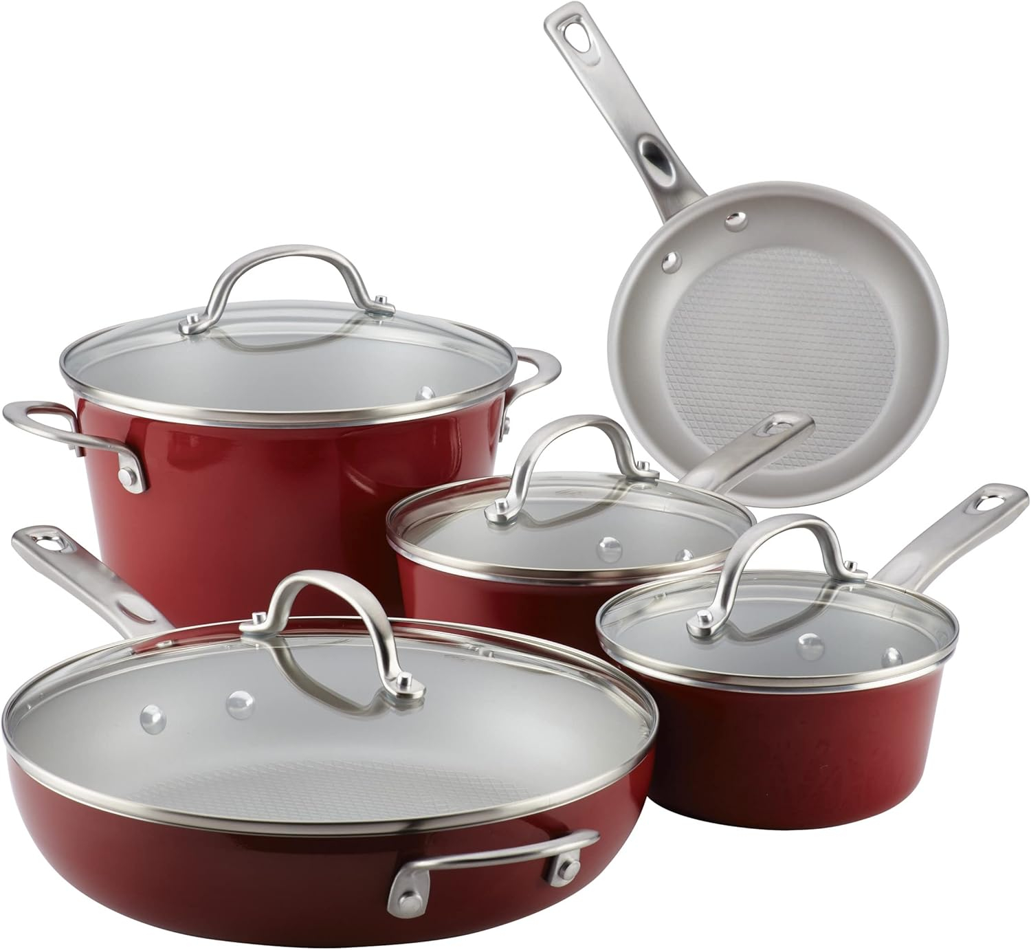Ayesha Curry Home Collection 9 Pc Porcelain Enamel Nonstick Cookware Pots and Pans Set, Sienna Red