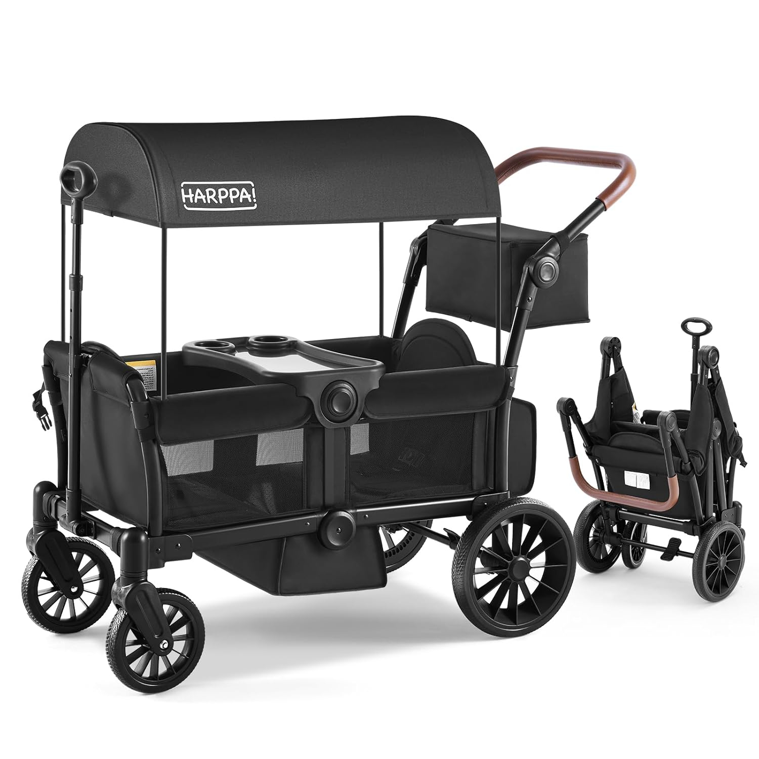 HARPPA Foldable Wagon Stroller for 2 Toddlers with Pull & Push Handle, Canopy, 32.9lbs, Black