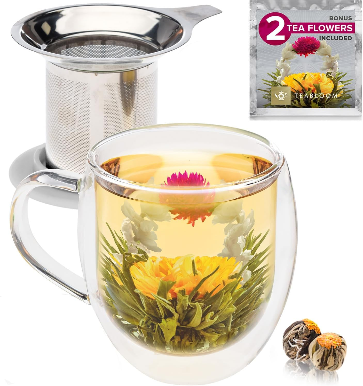 Teabloom Stay-Hot Heatproof Glass Mug with Loose Tea Infuser and Lid – 15 oz /430 mL – 2 Blooming Teas Included