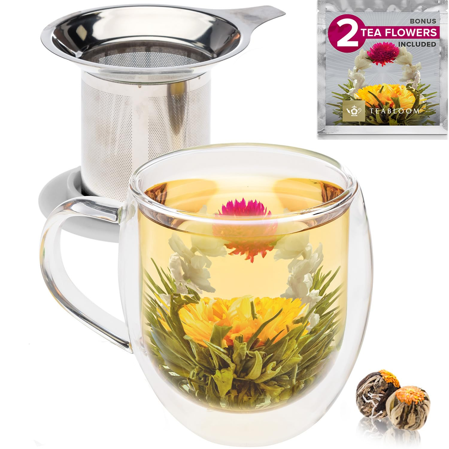Teabloom Stay-Hot Heatproof Glass Mug with Loose Tea Infuser and Lid – 15 oz /430 mL – 2 Blooming Teas Included