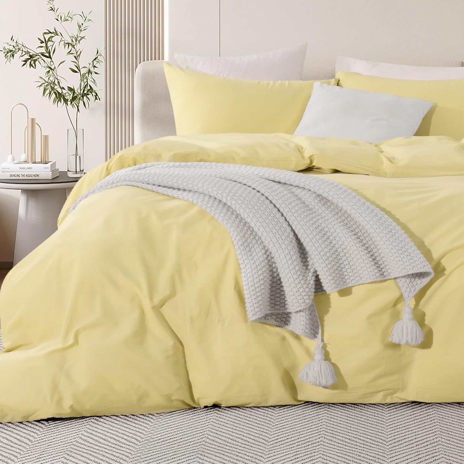 NEXHOME PRO Duvet Cover Set 100% Washed Cotton Oversized Queen 98"x98", Organic Natural Linen Look Textured 3 Pieces Bedding Set Apricot Yellow with Zipper Closure, Breathable, Soft (No Comforter)