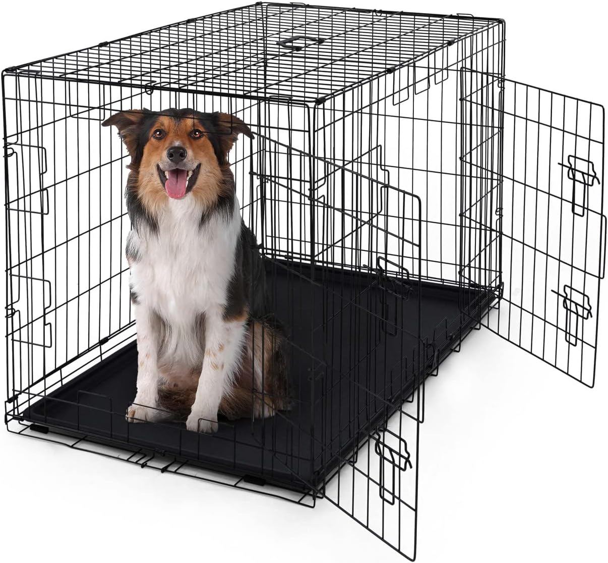 CAPHAUS Foldable Dog Crate Kennel w/Leak-Proof Pan & Divider Panel, Metal Crate, Small, Medium & Large Dog Crate Indoor Wire Cage, 42' w/Double Doors, Black