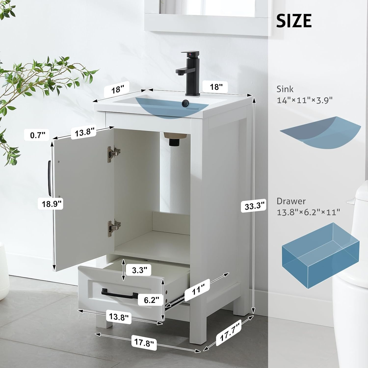 Eclife 18" White Bathroom Vanity Set with Ceramic Sink Top, Water Saving Faucet Drain