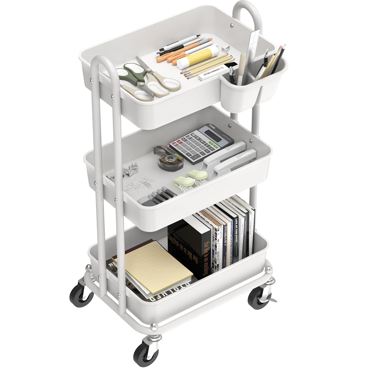 Simple Houseware 3-Tier Multifunctional Rolling Utility Cart with Hanging Bucket, White