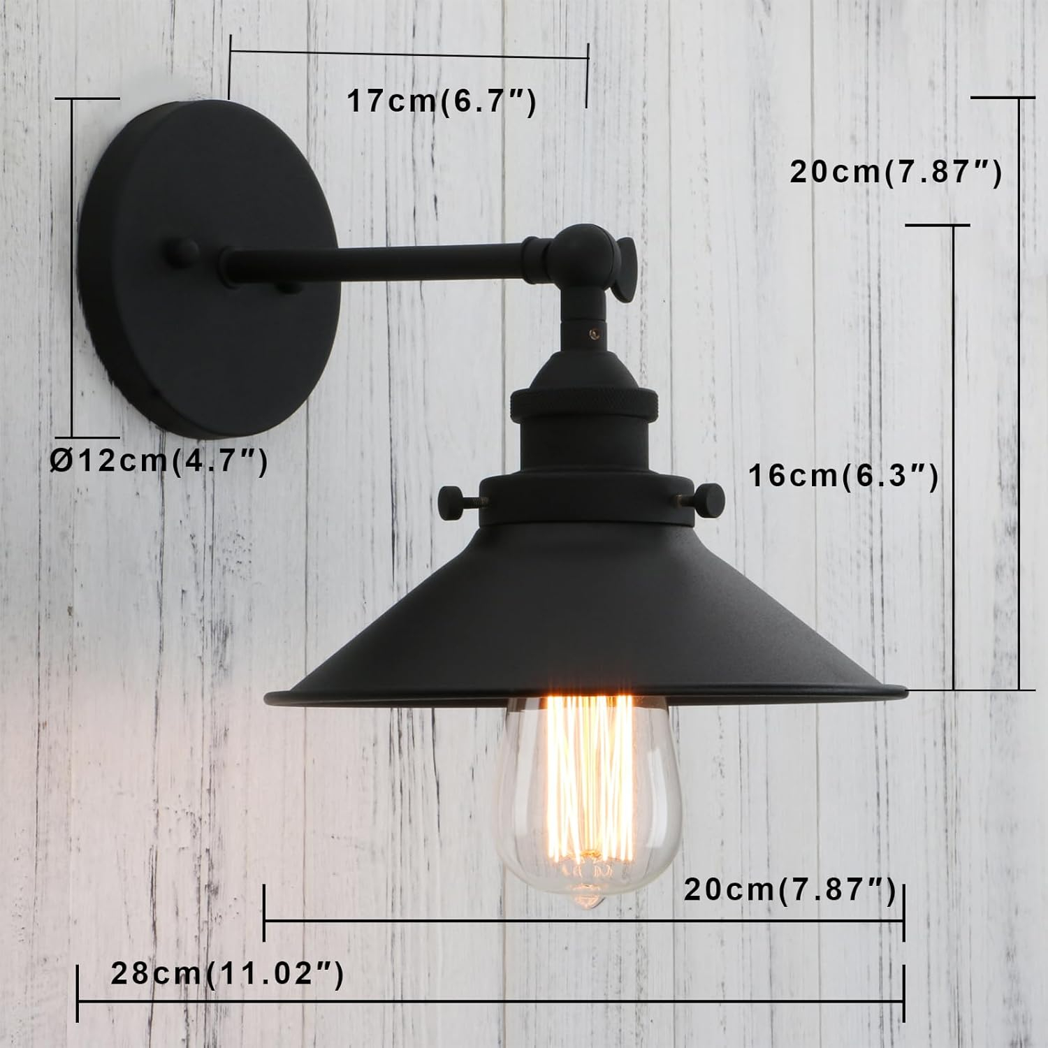 PERMO Vintage Industrial Metal Wall Sconce Lighting 180 Degree Adjustable Wall Lamp (Black)