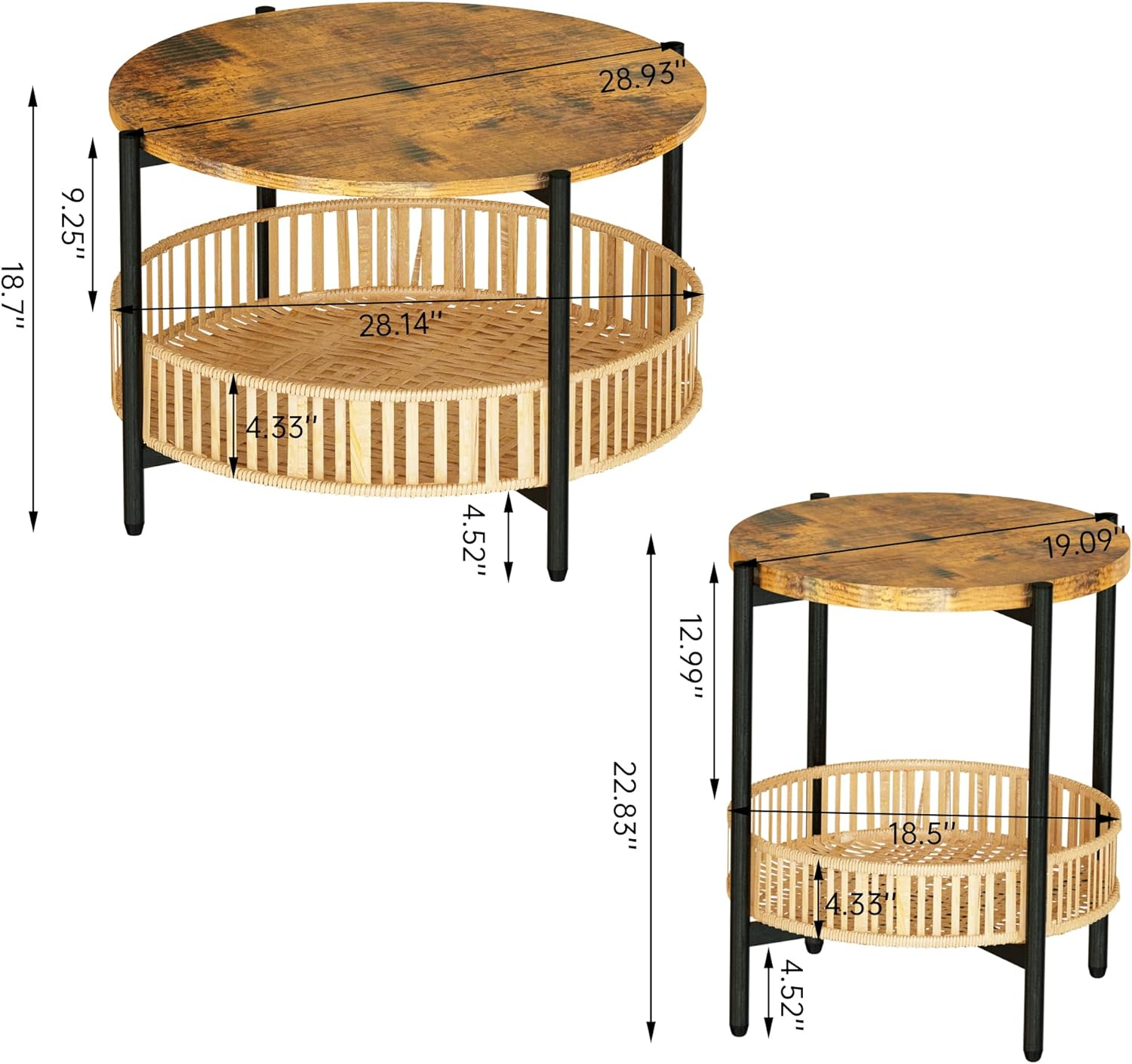 AWQM 3 Pieces Coffee Table Set for Living Room, 2 Tier Round Rattan Coffee End Side Table, Boho Living Room Table Set with Metal Frame for Bedroom Office