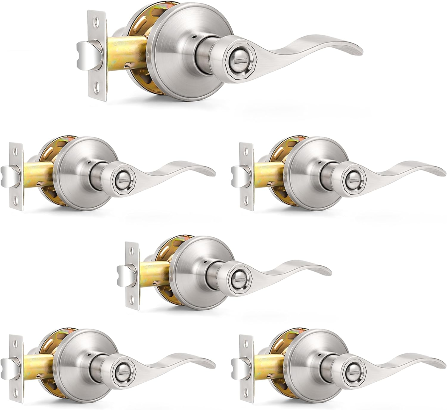 Probrico Privacy Door Levers Interior Door Handles Levers, Wave Style Bed Bath Door Handles Lock Keyless, Satin Nickel Door Lever Lockset 6 Pack