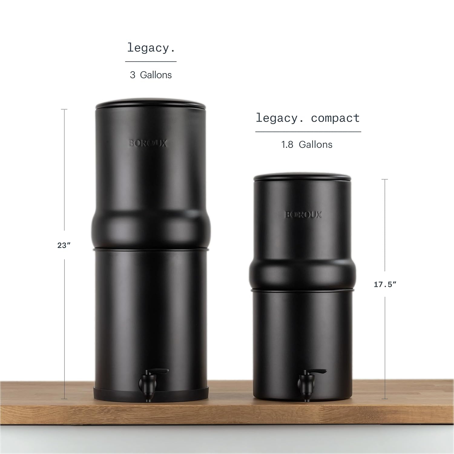 Compact. Boroux Gravity-Fed Countertop Stainless Steel Water Filter System | 1.8 Gallons with 2 Authentic Black Foundation. Filters | Matte Black